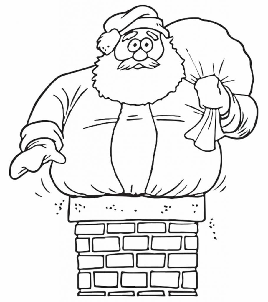 Coloring page fat Santa Claus is stuck in the chimney